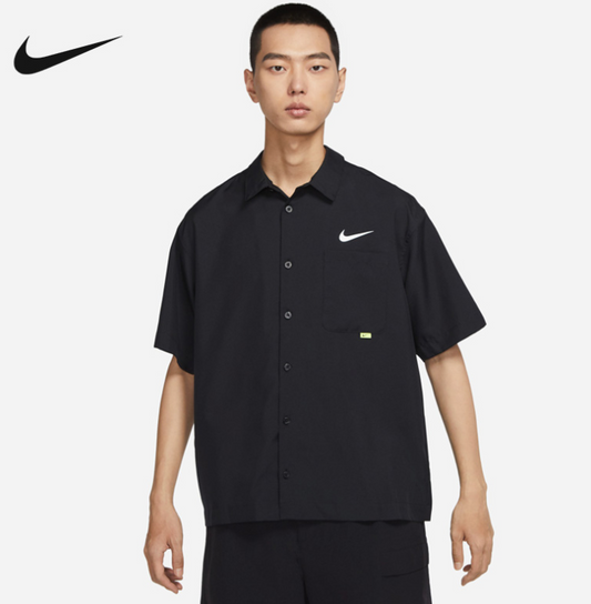 Men's Nike SWOOSH Chest Brand Logo Limited Lapel Solid Color Short Sleeve Black Shirt