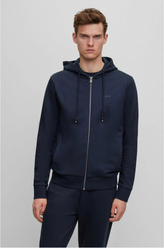 BOSS Mens Seeger 92 Organic-cotton hooded sweatshirt with rubber-print logo Dark Blue