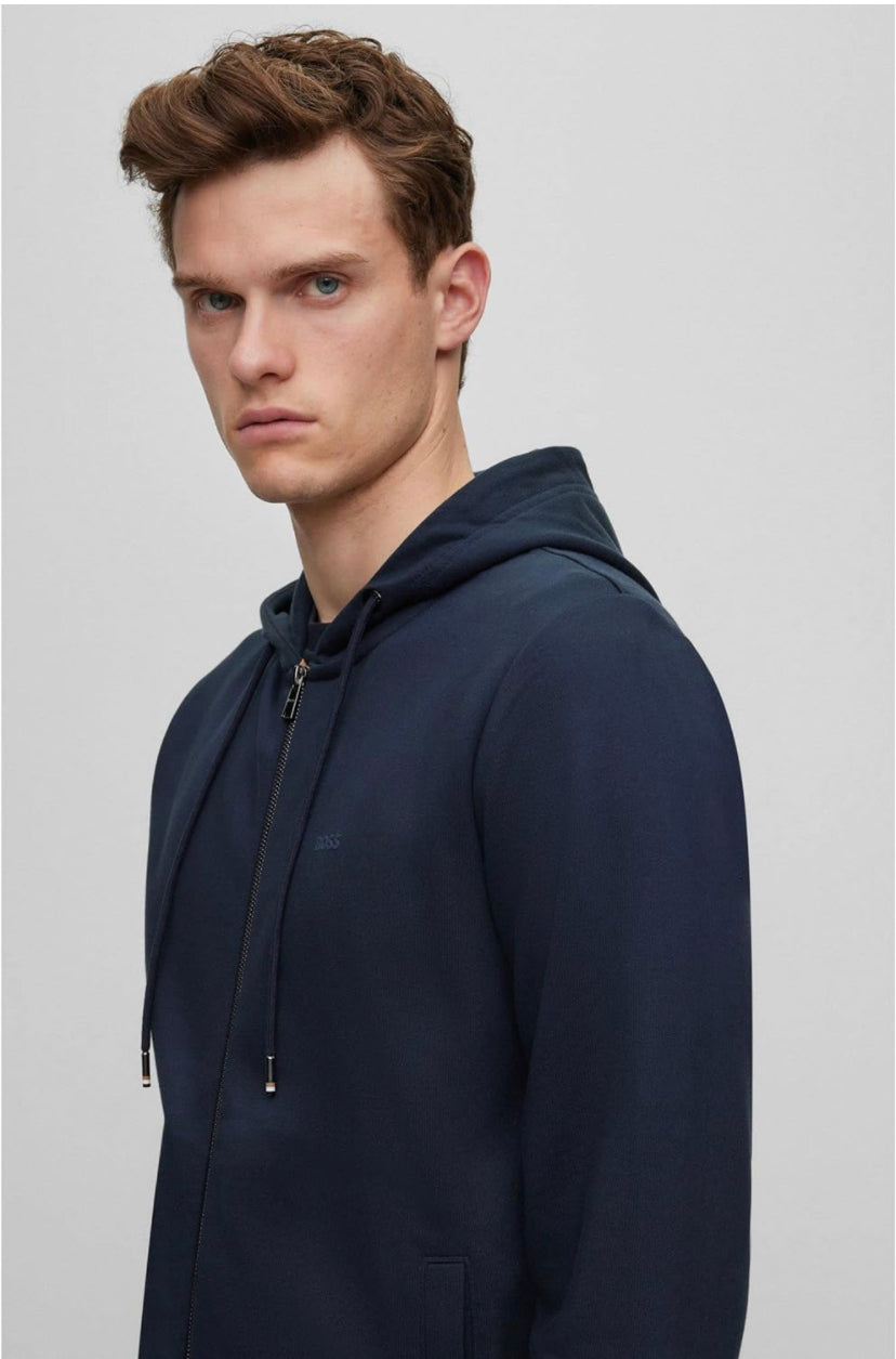 BOSS Mens Seeger 92 Organic-cotton hooded sweatshirt with rubber-print logo Dark Blue