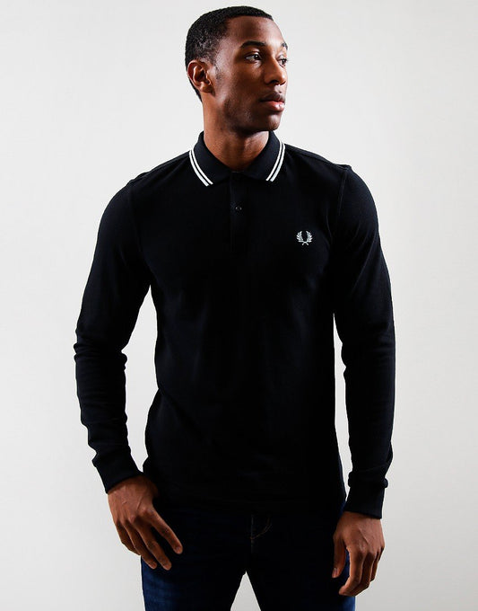 Fred Perry Twin Tip Long Sleeve Polo Shirt Black