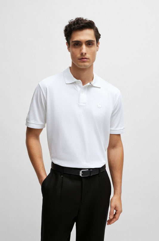 BOSS MERCERISED-COTTON POLO SHIRT WITH EMBROIDERED DOUBLE MONOGRAM White