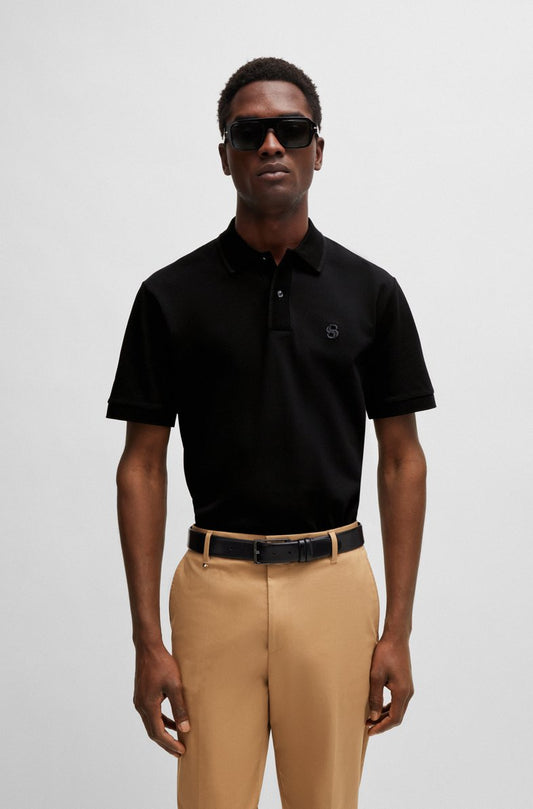 HUGO MERCERISED-COTTON POLO SHIRT WITH EMBROIDERED DOUBLE MONOGRAM Black