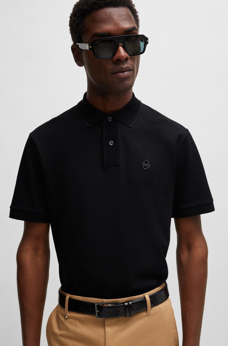 HUGO MERCERISED-COTTON POLO SHIRT WITH EMBROIDERED DOUBLE MONOGRAM Black