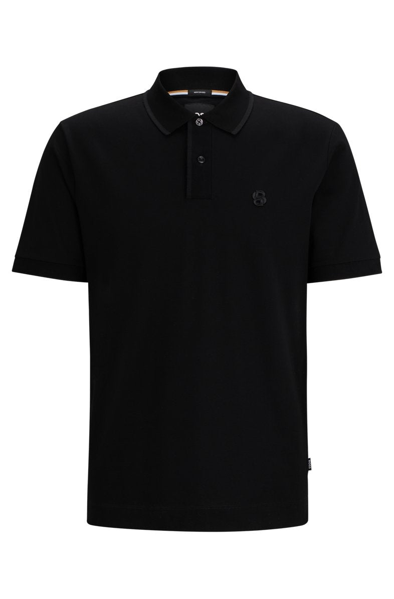 HUGO MERCERISED-COTTON POLO SHIRT WITH EMBROIDERED DOUBLE MONOGRAM Black