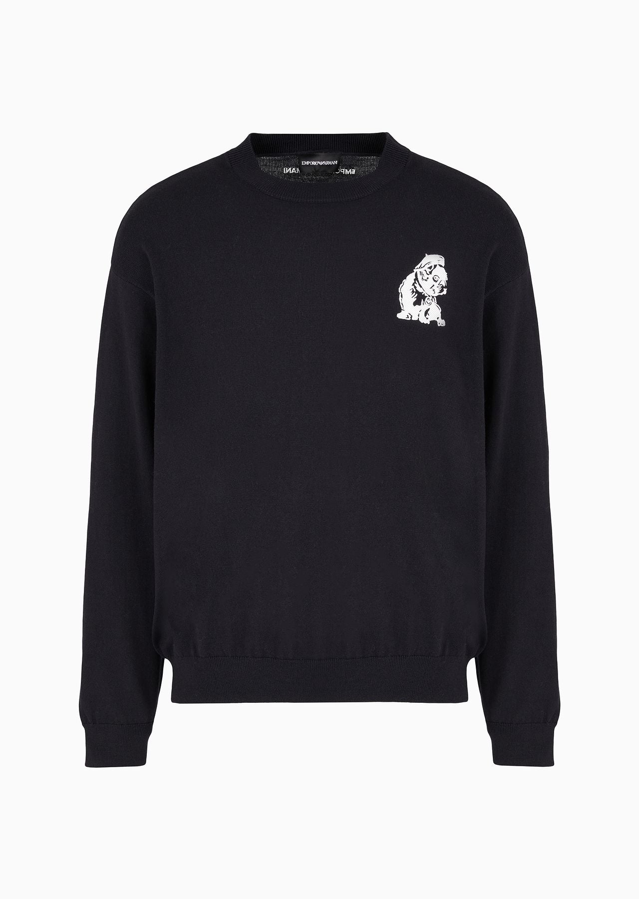 Emporio Armani Plain-knit virgin-wool jumper with French bulldog embroidery Navy Blue