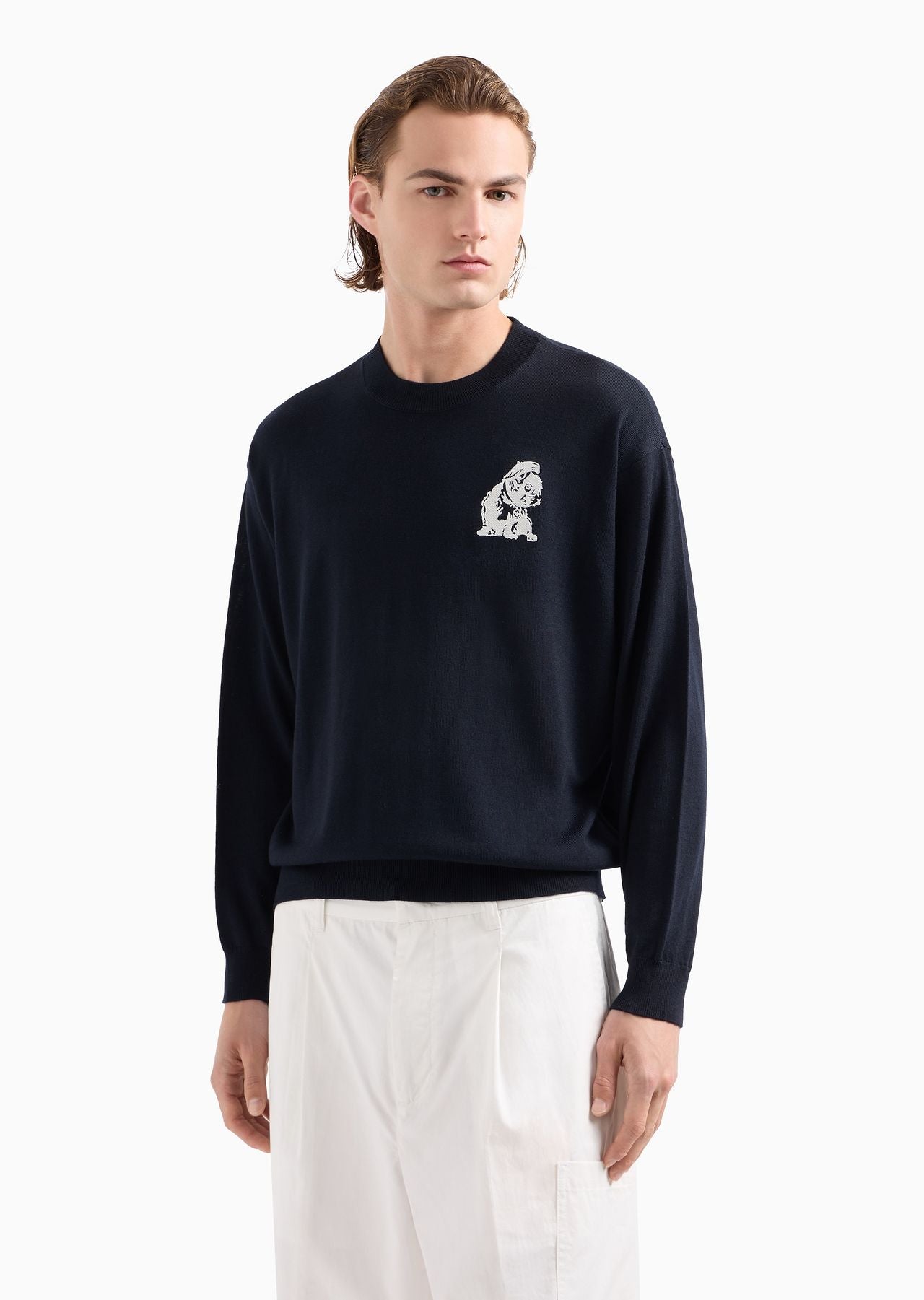 Emporio Armani Plain-knit virgin-wool jumper with French bulldog embroidery Navy Blue