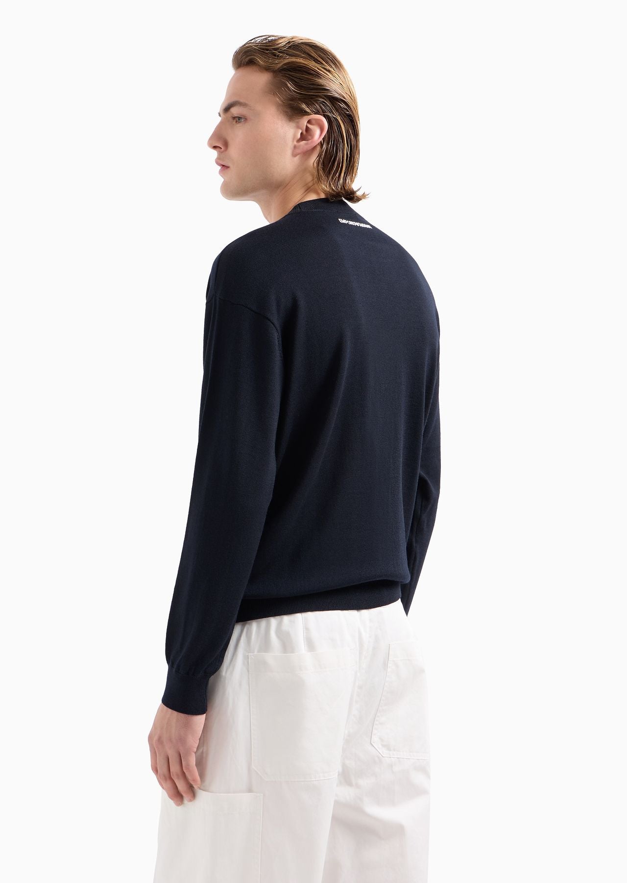 Emporio Armani Plain-knit virgin-wool jumper with French bulldog embroidery Navy Blue