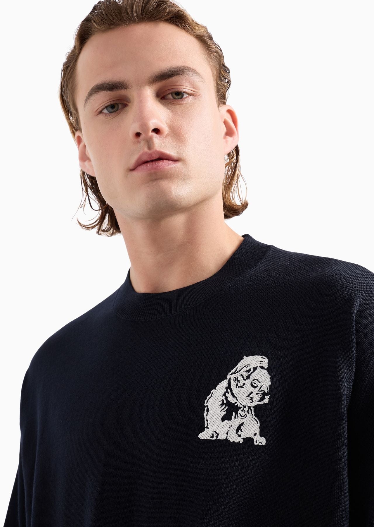 Emporio Armani Plain-knit virgin-wool jumper with French bulldog embroidery Navy Blue