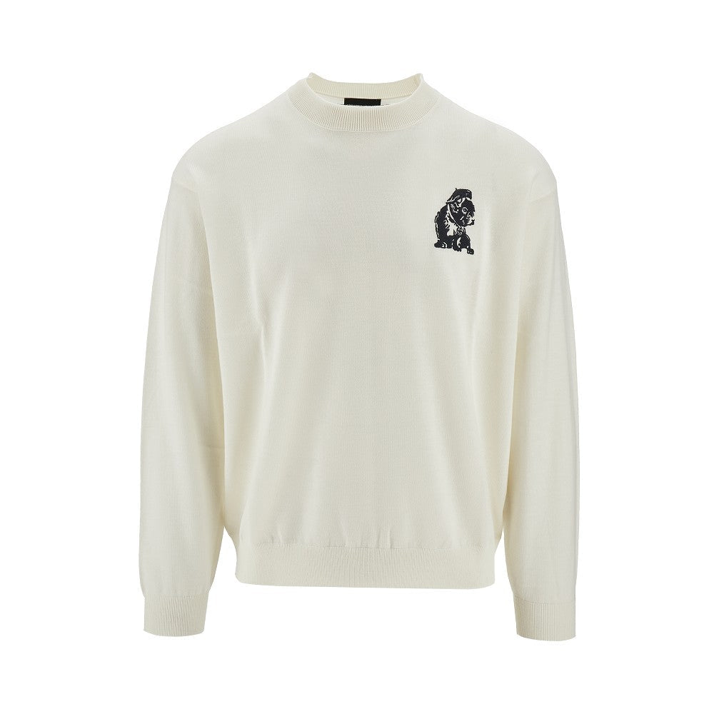 Emporio Armani Plain-knit virgin-wool jumper with French bulldog embroidery White