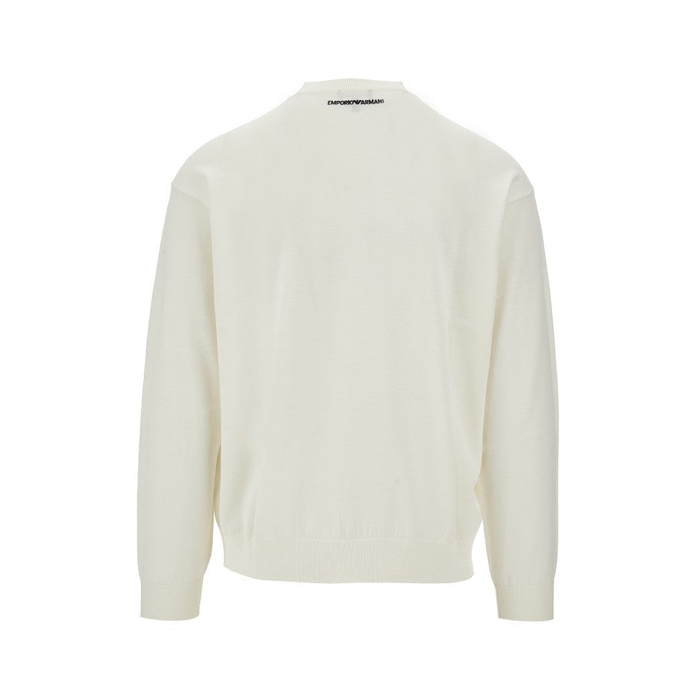 Emporio Armani Plain-knit virgin-wool jumper with French bulldog embroidery White