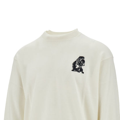 Emporio Armani Plain-knit virgin-wool jumper with French bulldog embroidery White